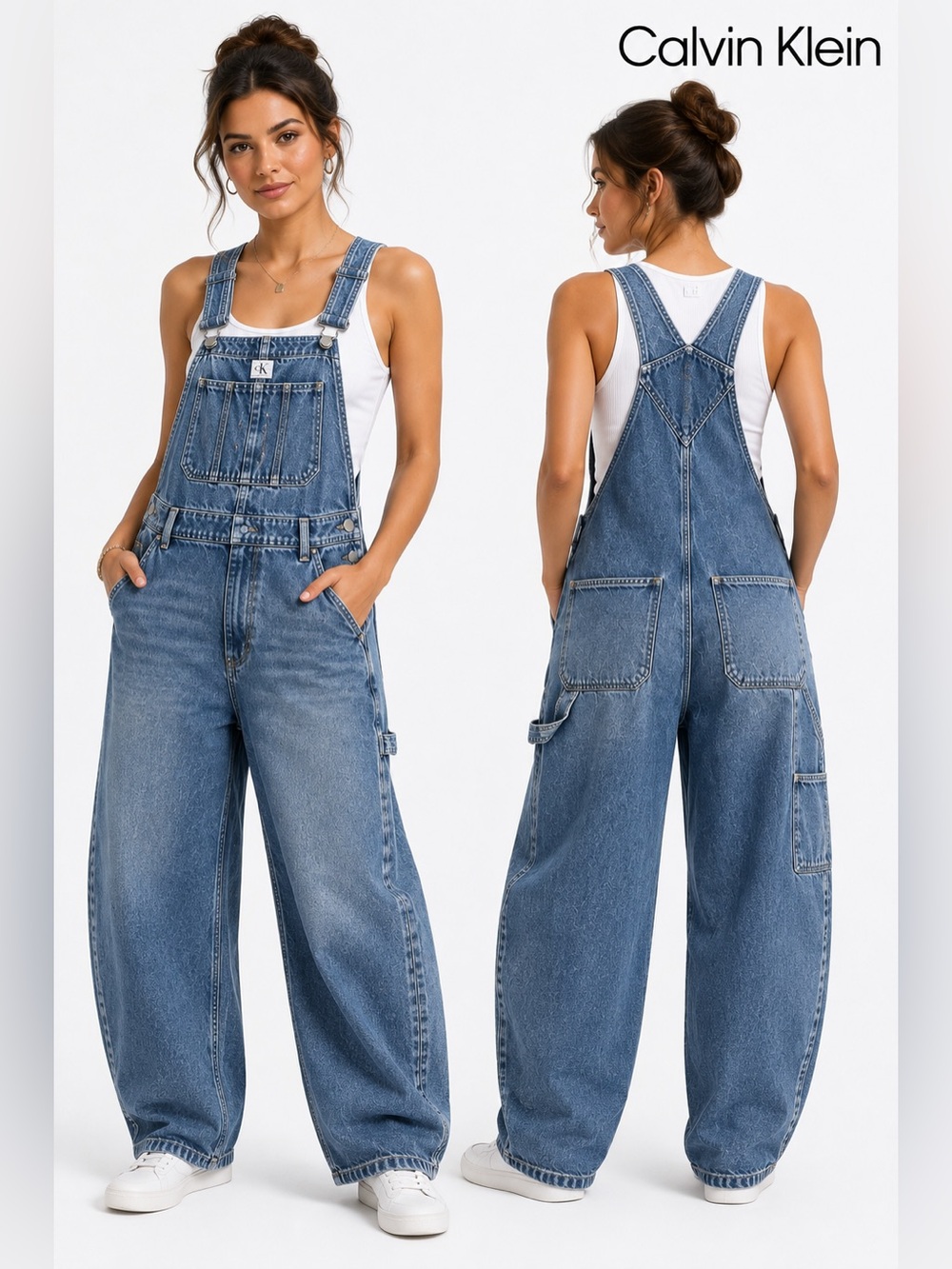 Vintage Calvin Klein Overalls Small Barrel Leg Stone Wash Denim Utility 90s